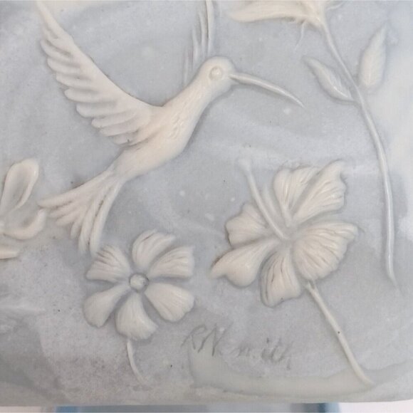 Vtg Signed Robert Nemith Hummingbird & Floral Inlay Blue Soapstone Trinket Box - Picture 5 of 10